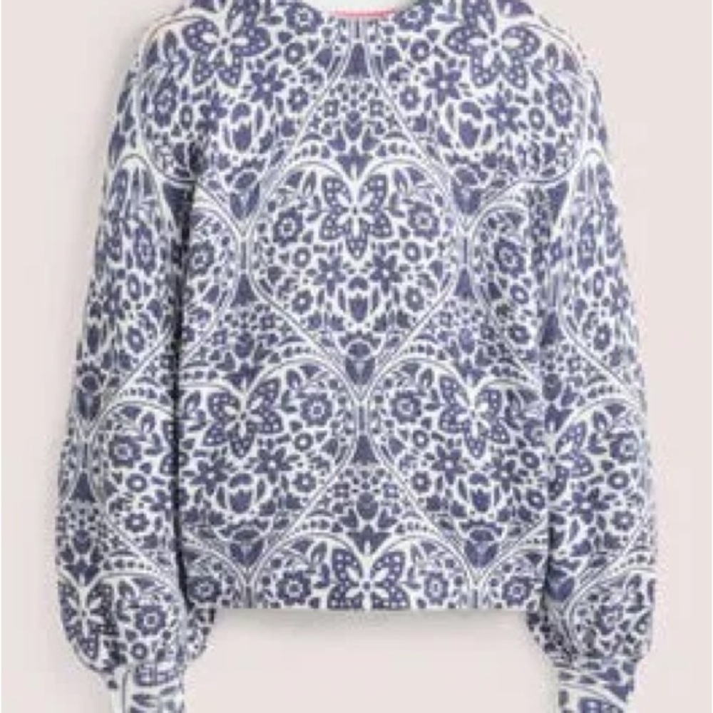 Boden Blouson Sleeve Fluffy Wool Alpaca Blend Sweater Blue Floral Print Sz 14 - Picture 3 of 13
